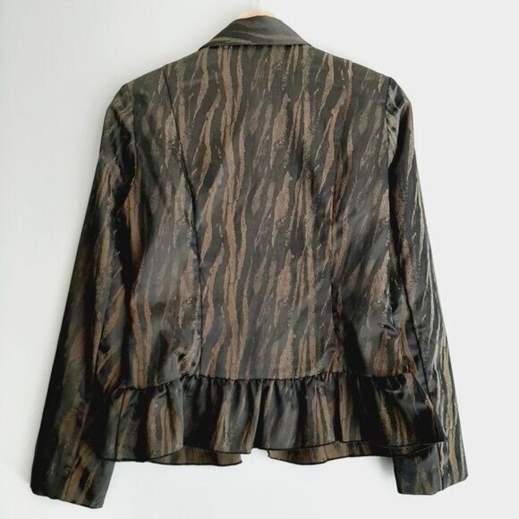 SAMUEL DONG Ruffle Front & Hem Zip-Up Front Blazer Black & Brown Abstract Sz XXS - Picture 11 of 16
